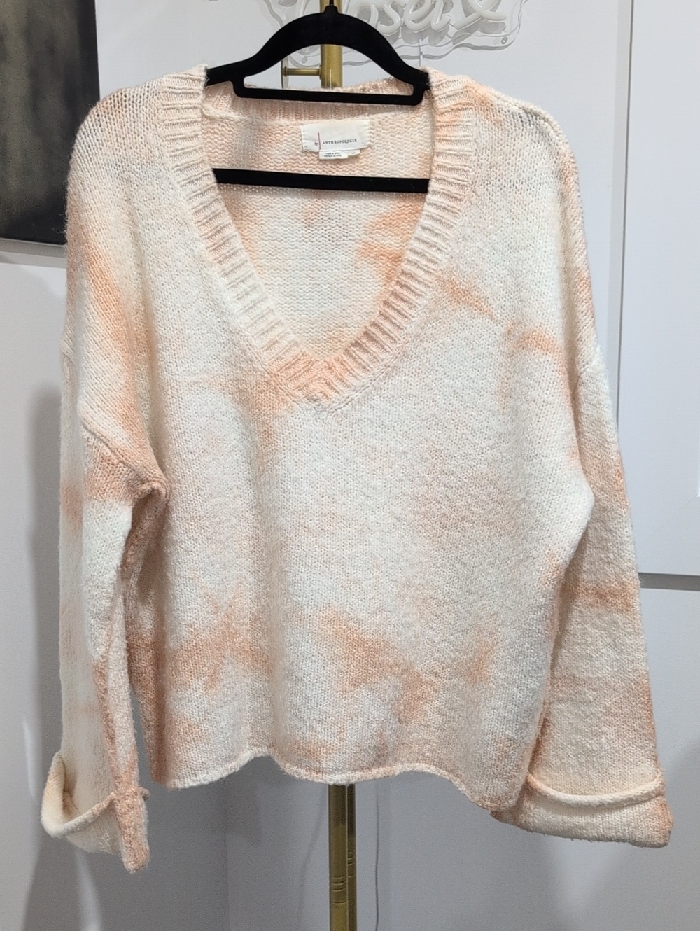 Anthropologie Maggie Bell-Sleeved Marbled Knit Pullover Sweater Peach/Cream